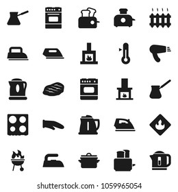 Flat vector icon set - iron vector, pan, kettle, cook glove, turk coffee, toaster, oven, thermometer, bbq, steak, flammable, fireplace, heating, hair dryer