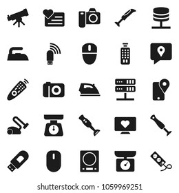 Flat vector icon set - iron vector, scales, blender, telescope, heart monitor, traking, remote control, network server, usb modem, kitchen, vacuum cleaner, camera, mouse, multi socket