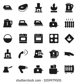 Flat vector icon set - iron vector, steaming, camping cauldron, kettle, cook glove, turk coffee, toaster, oven, steak, flammable, fireplace, heating, maker, hair dryer, heater