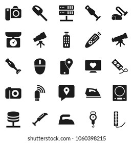 Flat vector icon set - iron vector, scales, blender, telescope, heart monitor, traking, remote control, network server, usb modem, kitchen, vacuum cleaner, camera, mouse, multi socket