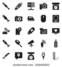 Flat vector icon set - iron vector, scales, blender, telescope, heart monitor, traking, remote control, network server, usb modem, kitchen, vacuum cleaner, camera, mouse, multi socket