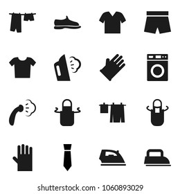 Flat vector icon set - iron vector, steaming, drying clothes, washer, rubber glove, apron, tie, snickers, shorts