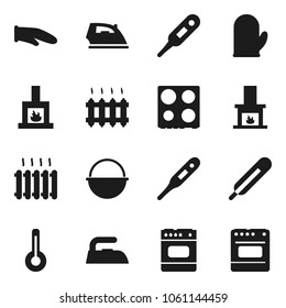 Flat vector icon set - iron vector, camping cauldron, cook glove, oven, thermometer, fireplace, heating