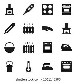 Flat vector icon set - iron vector, camping cauldron, cook glove, oven, thermometer, fireplace, heating