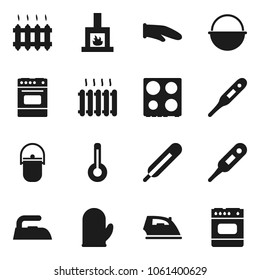 Flat vector icon set - iron vector, camping cauldron, cook glove, oven, thermometer, fireplace, heating