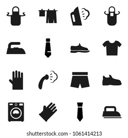 Flat vector icon set - iron vector, steaming, drying clothes, washer, rubber glove, apron, tie, snickers, shorts