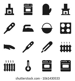 Flat vector icon set - iron vector, camping cauldron, cook glove, oven, thermometer, fireplace, heating