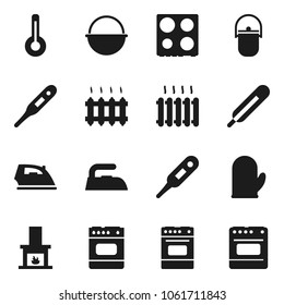 Flat vector icon set - iron vector, camping cauldron, cook glove, oven, thermometer, fireplace, heating