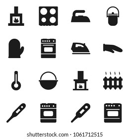 Flat vector icon set - iron vector, camping cauldron, cook glove, oven, thermometer, fireplace, heating