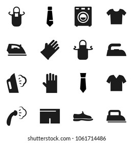 Flat vector icon set - iron vector, steaming, rubber glove, apron, tie, snickers, shorts, washer, clothes