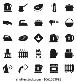 Flat vector icon set - iron vector, steaming, pan, camping cauldron, kettle, cook glove, turk coffee, toaster, thermometer, bbq, steak, flammable, fireplace, heating, oven, hair dryer, heater