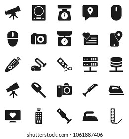 Flat vector icon set - iron vector, scales, blender, telescope, heart monitor, traking, remote control, network server, kitchen, vacuum cleaner, camera, mouse, multi socket