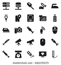 Flat vector icon set - iron vector, scales, blender, telescope, heart monitor, traking, remote control, network server, usb modem, kitchen, vacuum cleaner, camera, mouse, multi socket
