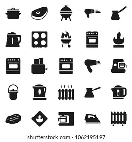 Flat vector icon set - iron vector, pan, camping cauldron, kettle, turk coffee, toaster, oven, bbq, steak, flammable, heating, maker, hair dryer, heater