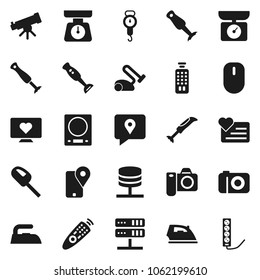 Flat vector icon set - iron vector, scales, blender, telescope, heart monitor, traking, remote control, network server, kitchen, vacuum cleaner, camera, mouse, multi socket