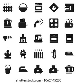 Flat vector icon set - iron vector, steaming, camping cauldron, toaster, oven, thermometer, bbq, flammable, fireplace, heating, coffee maker, hair dryer, kettle
