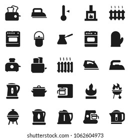 Flat vector icon set - iron vector, pan, camping cauldron, kettle, cook glove, turk coffee, toaster, thermometer, bbq, flammable, fireplace, heating, maker, oven