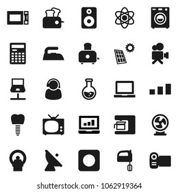 Flat vector icon set - iron vector, mixer, toaster, microwave oven, atom, calculator, notebook pc, flask, laptop graph, sorting, satellite antenna, video camera, speaker, rec button, tomography, tv