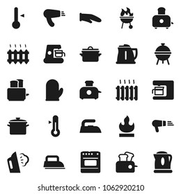 Flat vector icon set - iron vector, steaming, pan, kettle, cook glove, toaster, thermometer, bbq, flammable, heating, coffee maker, oven, hair dryer