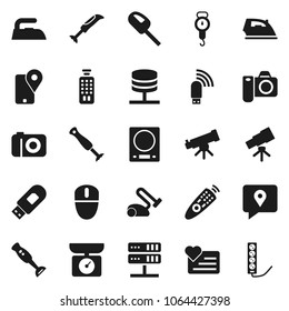Flat vector icon set - iron vector, scales, blender, telescope, heart monitor, traking, remote control, network server, usb modem, kitchen, vacuum cleaner, camera, mouse, multi socket