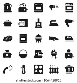 Flat vector icon set - iron vector, steaming, pan, camping cauldron, cook glove, toaster, oven, thermometer, bbq, steak, fireplace, heating, coffee maker, hair dryer, kettle