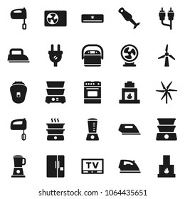 Flat vector icon set - iron vector, mixer, oven, double boiler, blender, tv, rca, windmill, air conditioner, air condition, fridge, power plug, multi cooker, epilator, fan, fireplace