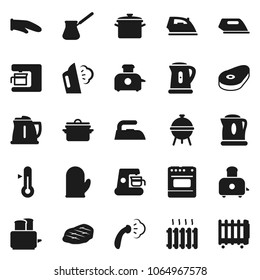 Flat vector icon set - iron vector, steaming, pan, kettle, cook glove, turk coffee, toaster, thermometer, bbq, steak, heating, maker, oven, heater