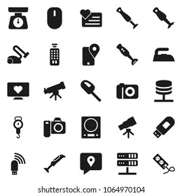 Flat vector icon set - iron vector, scales, blender, telescope, heart monitor, traking, remote control, network server, usb modem, kitchen, vacuum cleaner, camera, mouse, multi socket