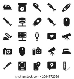 Flat vector icon set - iron vector, scales, blender, telescope, heart monitor, traking, remote control, network server, usb modem, kitchen, vacuum cleaner, camera, mouse, multi socket