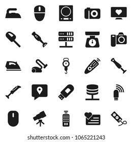 Flat vector icon set - iron vector, scales, blender, telescope, heart monitor, traking, remote control, network server, usb modem, kitchen, vacuum cleaner, camera, mouse, multi socket
