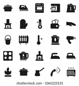 Flat vector icon set - iron vector, steaming, pan, camping cauldron, kettle, cook glove, turk coffee, oven, thermometer, flammable, fireplace, maker, toaster, hair dryer, heater