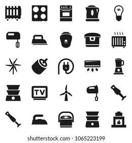 Flat vector icon set - iron vector, mixer, oven, double boiler, blender, tv, rca, windmill, power plug, multi cooker, epilator, air conditioner, kettle, heater, bulb, fireplace