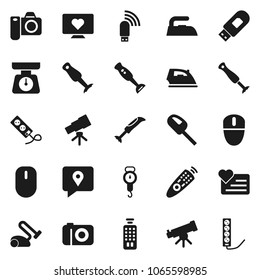 Flat vector icon set - iron vector, scales, blender, telescope, heart monitor, traking, remote control, usb modem, vacuum cleaner, camera, mouse, multi socket