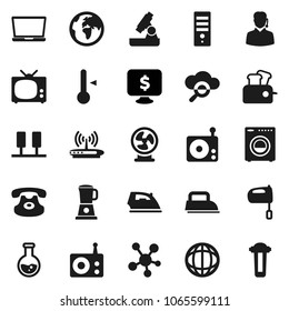 Flat vector icon set - iron vector, mixer, thermometer, microscope, world, flask, monitor dollar, earth, radio, classic phone, social media, server, cloud glass, washer, tv, support, toaster, fan