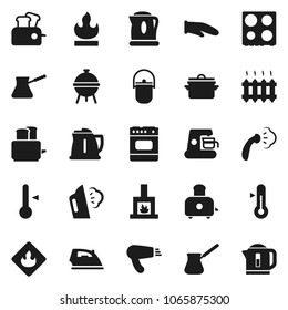 Flat vector icon set - iron vector, steaming, pan, camping cauldron, kettle, cook glove, turk coffee, toaster, oven, thermometer, bbq, flammable, fireplace, heating, maker, hair dryer