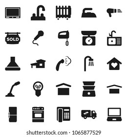 Flat vector icon set - iron vector, steaming, sink, water tap, oven, double boiler, dry cargo, cottage, sold signboard, bath, relocation truck, love home, fridge, mixer, hood, kitchen scales, phone