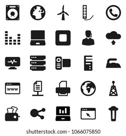 Flat vector icon set - iron vector, laptop graph, earth, antenna, equalizer, video camera, notebook pc, social media, stop button, diagnostic monitor, big data, browser, cloud upload, windmill