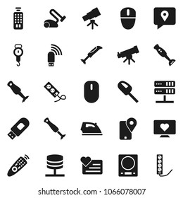 Flat vector icon set - iron vector, scales, blender, telescope, heart monitor, traking, remote control, network server, usb modem, kitchen, vacuum cleaner, mouse, multi socket