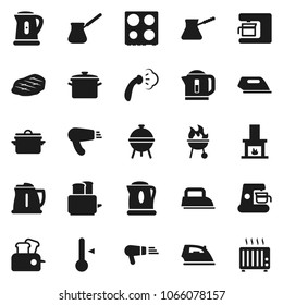 Flat vector icon set - iron vector, steaming, pan, kettle, turk coffee, toaster, oven, thermometer, bbq, steak, fireplace, maker, hair dryer, heater