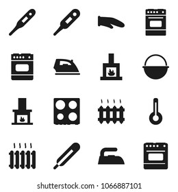 Flat vector icon set - iron vector, camping cauldron, cook glove, oven, thermometer, fireplace, heating