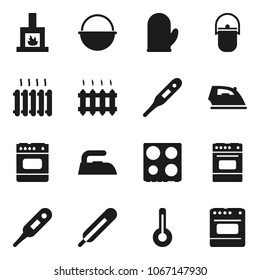 Flat vector icon set - iron vector, camping cauldron, cook glove, oven, thermometer, fireplace, heating