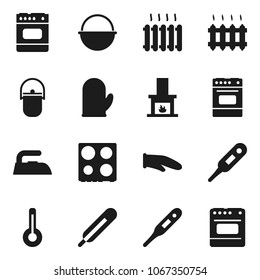 Flat vector icon set - iron vector, camping cauldron, cook glove, oven, thermometer, fireplace, heating