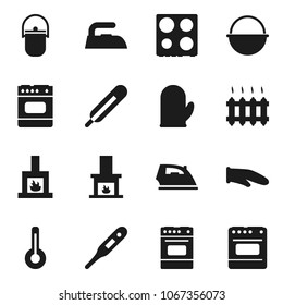 Flat vector icon set - iron vector, camping cauldron, cook glove, oven, thermometer, fireplace, heating