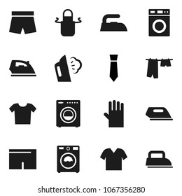 Flat vector icon set - iron vector, steaming, drying clothes, washer, rubber glove, apron, tie, shorts