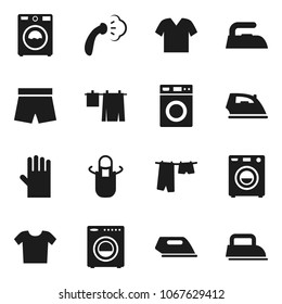 Flat vector icon set - iron vector, steaming, drying clothes, washer, rubber glove, apron, shorts