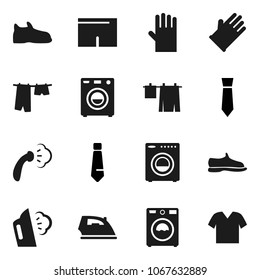 Flat vector icon set - iron vector, steaming, drying clothes, washer, rubber glove, tie, snickers, shorts