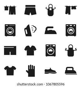 Flat vector icon set - iron vector, steaming, drying clothes, washer, rubber glove, apron, snickers, shorts