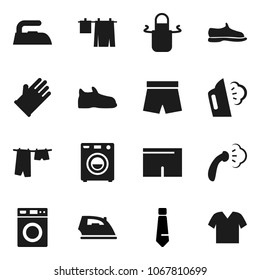 Flat vector icon set - iron vector, steaming, drying clothes, washer, rubber glove, apron, tie, snickers, shorts