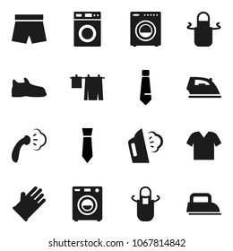 Flat vector icon set - iron vector, steaming, drying clothes, washer, rubber glove, apron, tie, snickers, shorts
