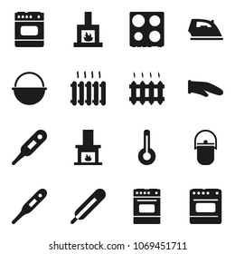 Flat vector icon set - iron vector, camping cauldron, cook glove, oven, thermometer, fireplace, heating